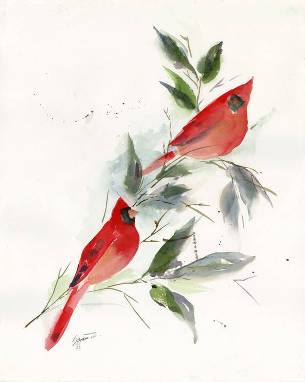 Cardinal painting by watercolor artist Simone Wood, inspired by Ikebana and bird watching