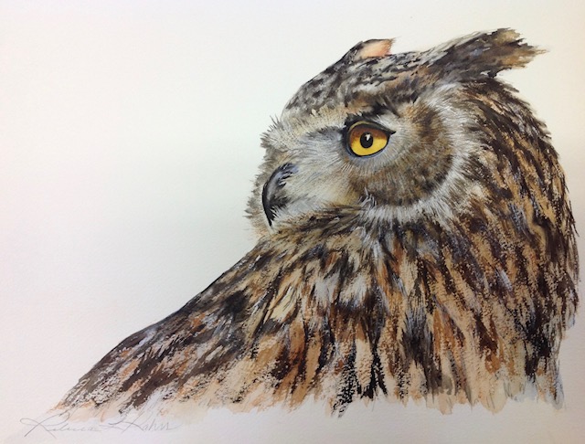 a painting of an owl by Rebecca Kahrs watercolor artist